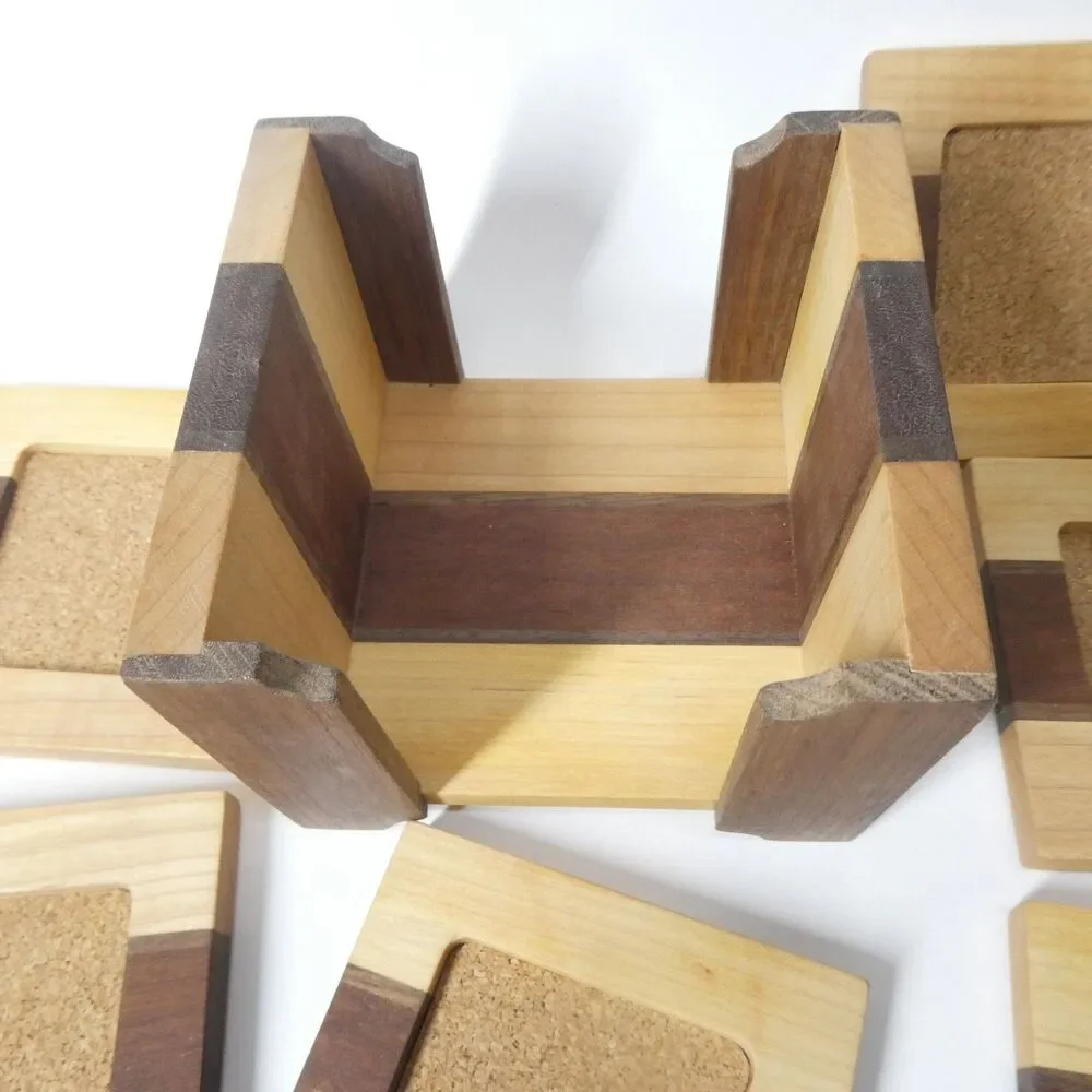 Handmade Wooden Coasters Set 6 w/Holder Handcrafted Signed Artisan Woodworking - Picture 8 of 10